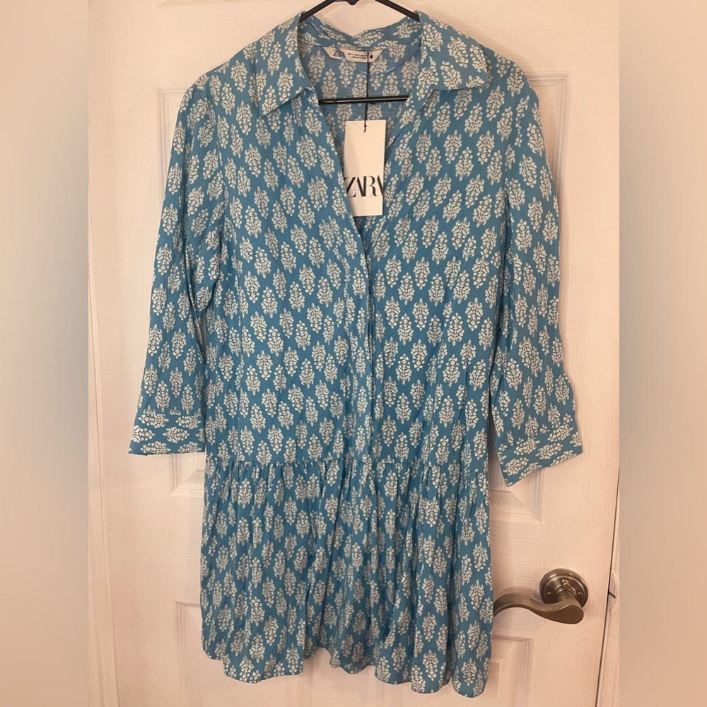 Zara Blue Mini Dress with White Floral Print NWT